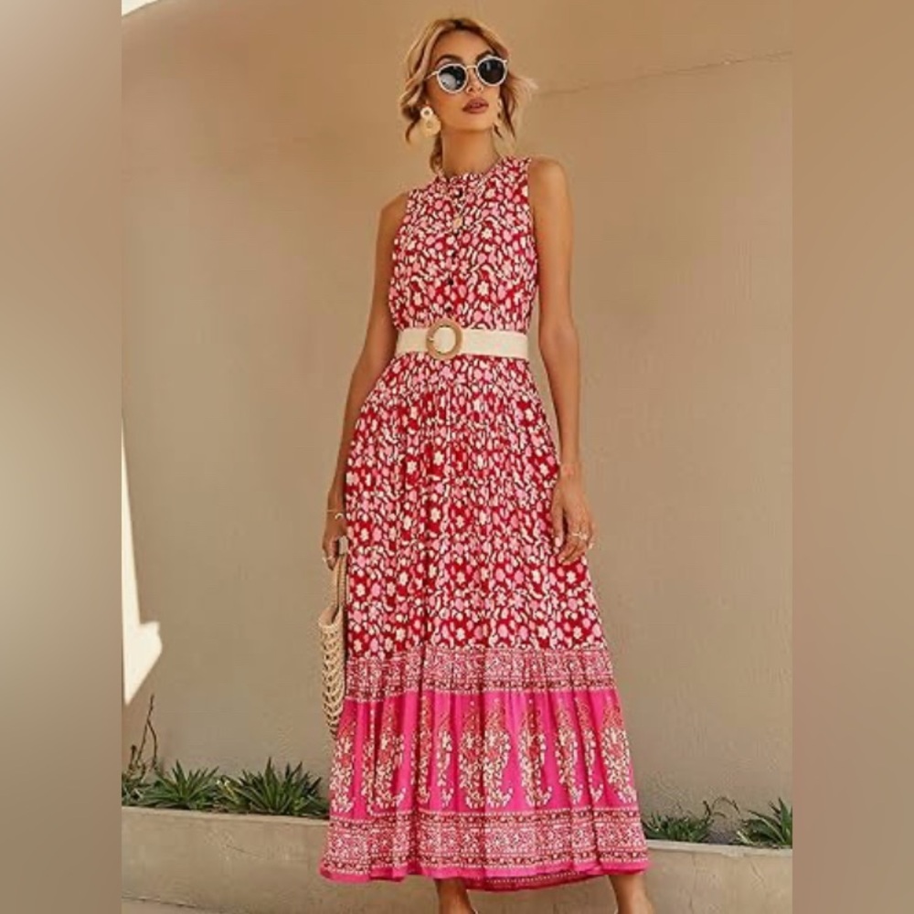 R. Vivimos Red and Pink Floral Maxi Dress - size small